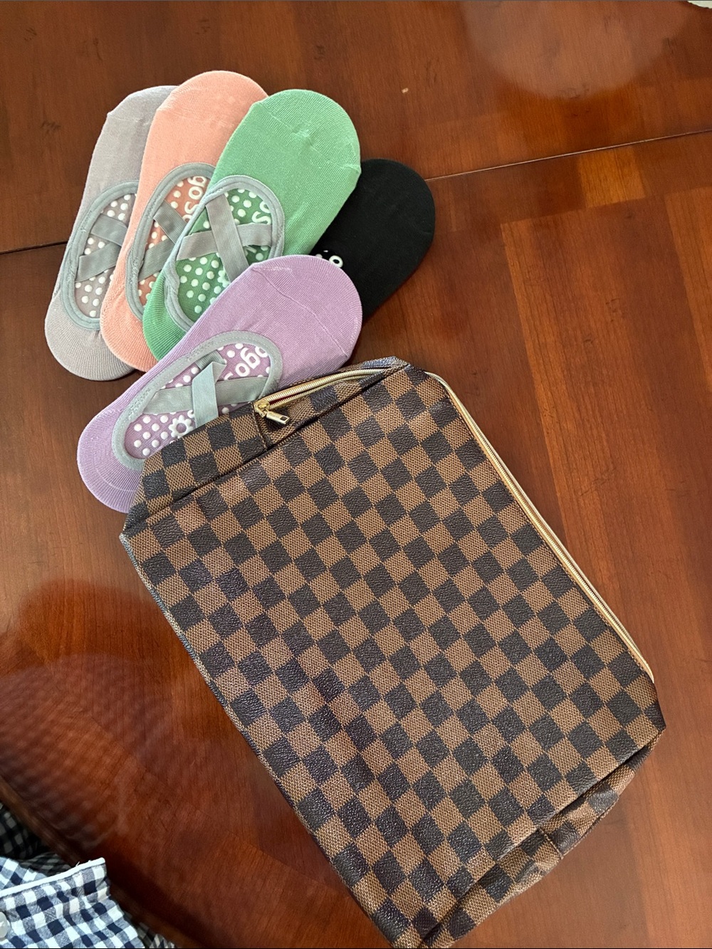 YOGA SOCKS No Show Grip Socks & Checkered Travel Bag to pack for class. ALL NEW